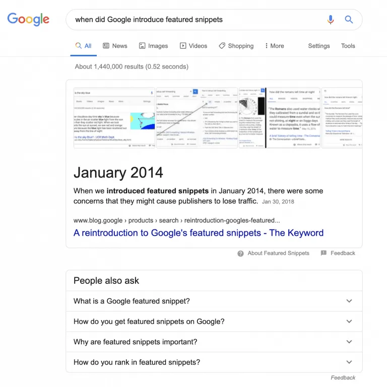 featured snippet people also ask example