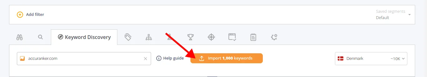 screenshot of button location to import keywords on keywords discovery