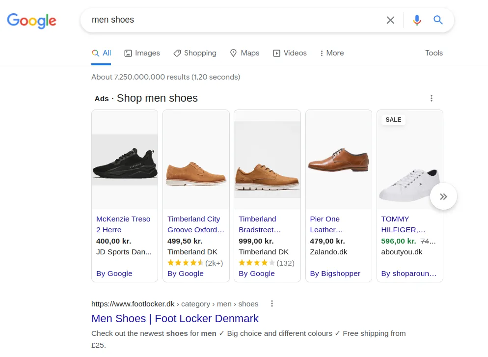 Google search for men shoes