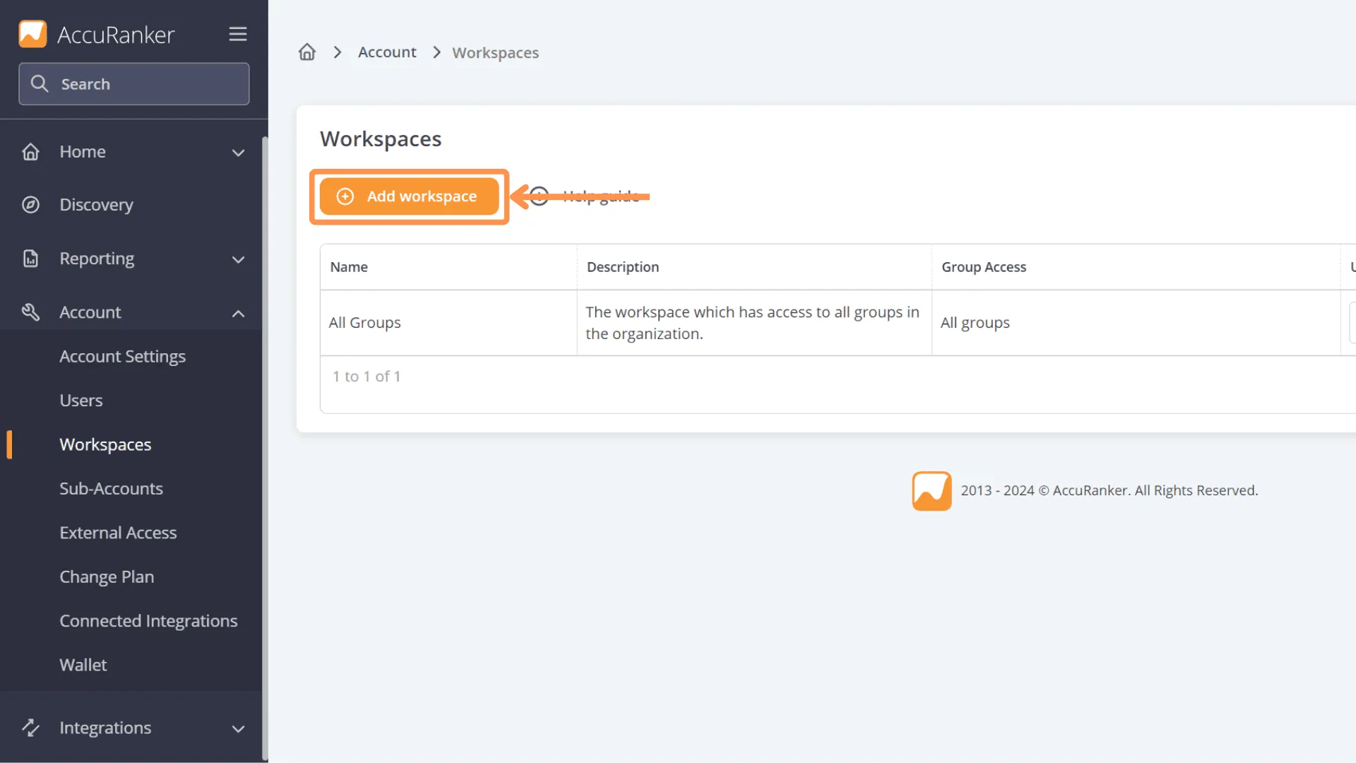 Screenshot showing the placement of the "Add workspaces" button on the Workspaces page